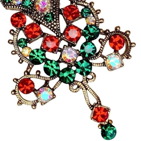 Vintage Gold Tone Christmas Tree Necklace Mid Century Rhinestone AB Sparkling - Picture 8 of 12